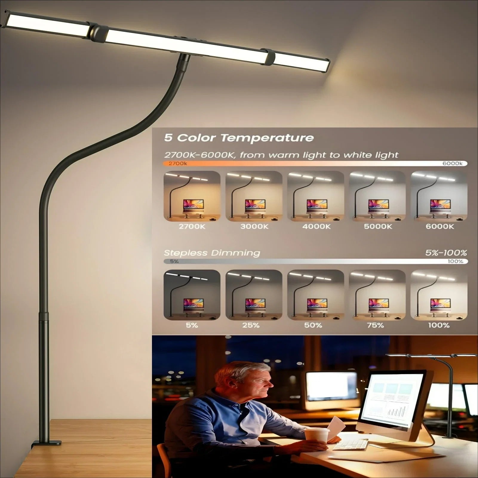 Perfecsy LED Desk Lamp with Clamp, curved gooseneck, 24W slim light bar, 2700–6000K on Tampa Home & Garden Store