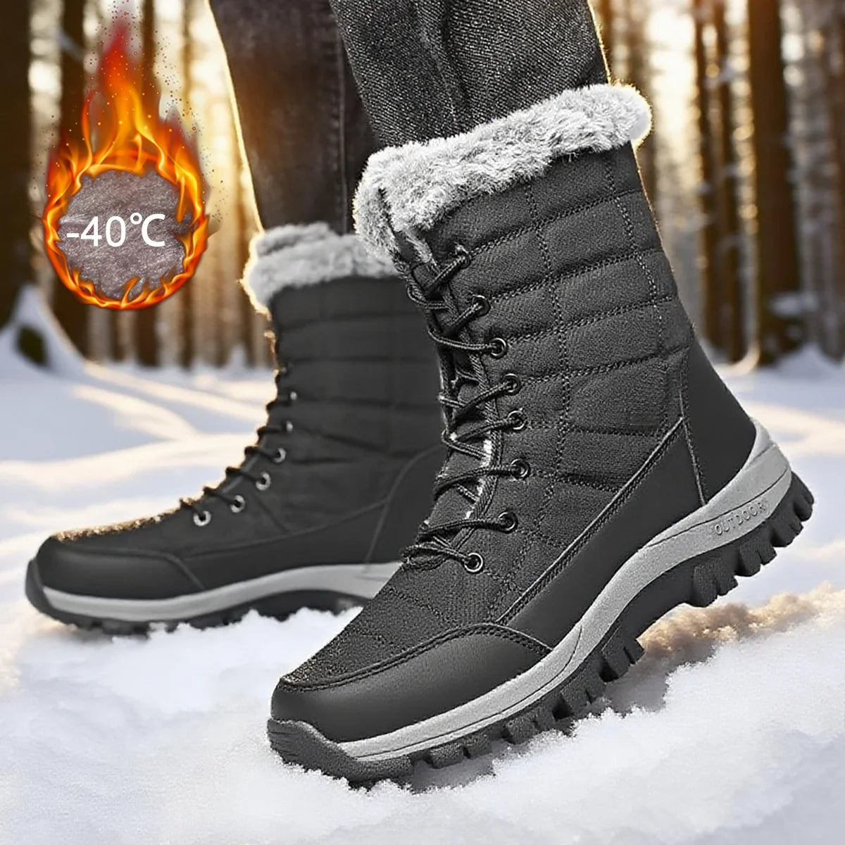 Men's winter snow boots UpTrend Deals, black waterproof with gray faux fur trim and rugged sole on Tampa Home & Garden Store