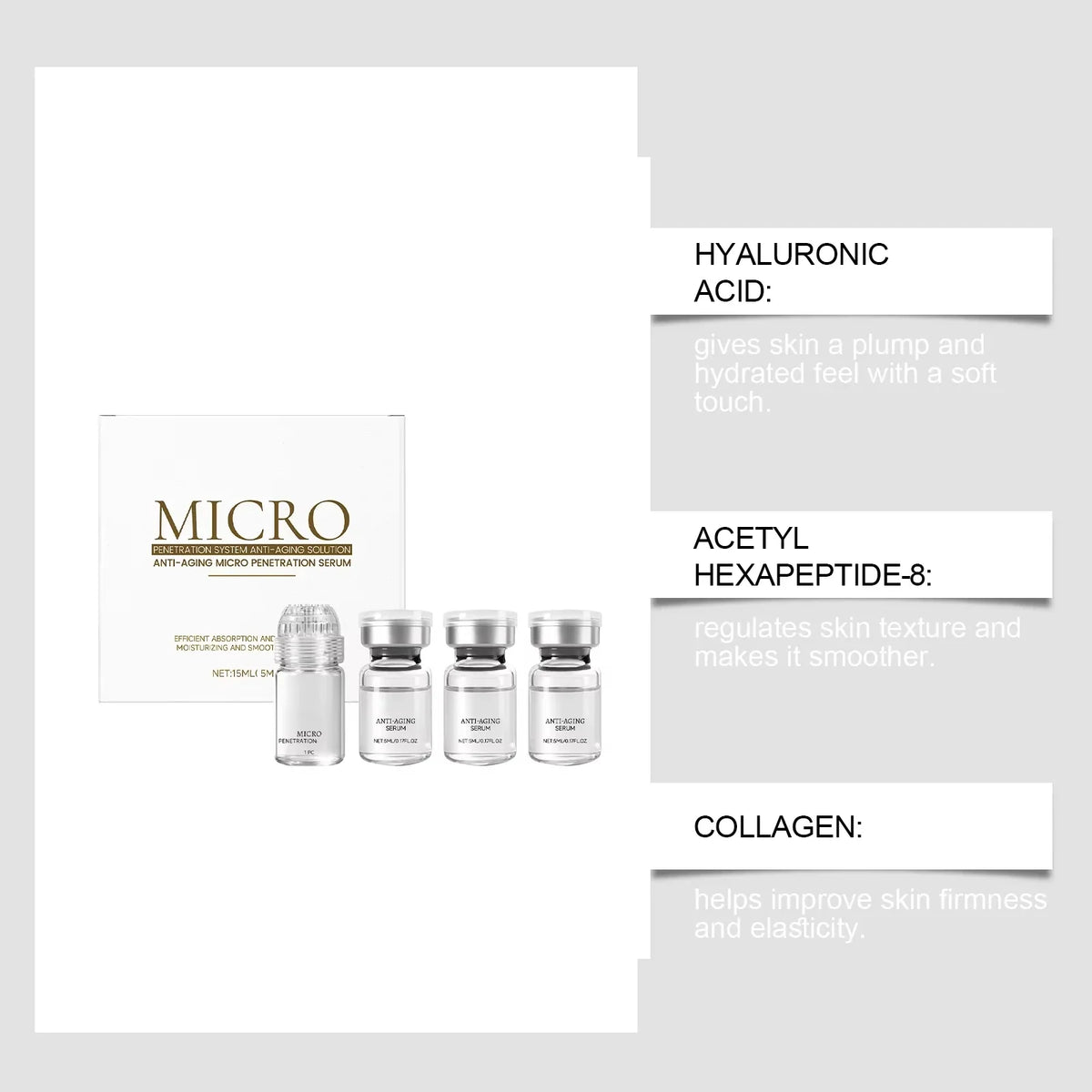Collagen anti-wrinkle essence set by Silcy Skin with four clear serums beside a white box on Tampa Home & Garden Store