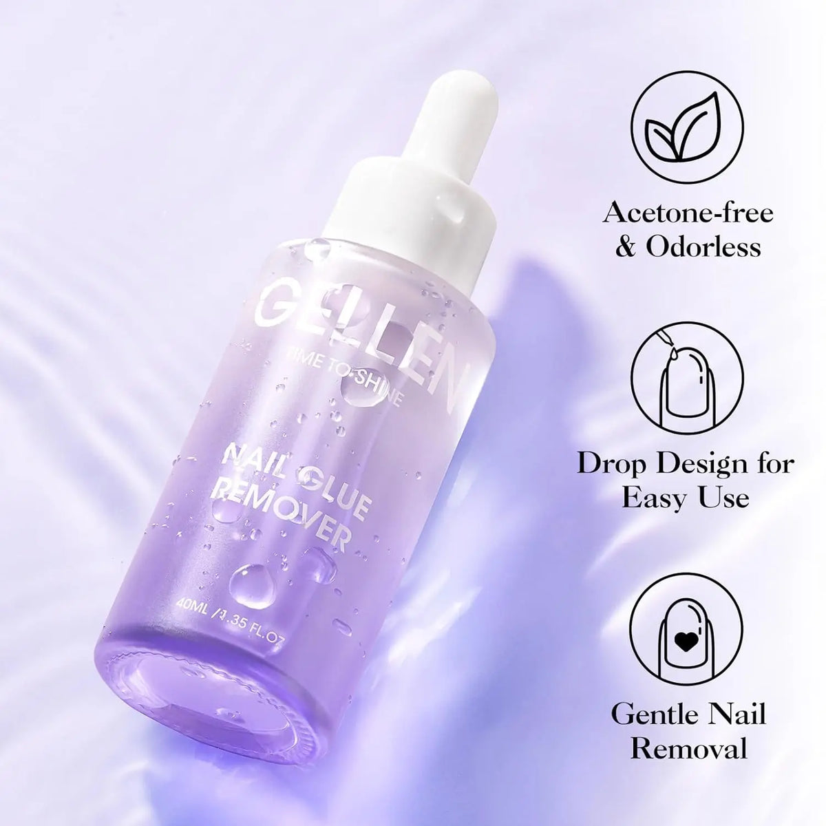 GELLEN Nail Glue Remover bottle with lavender liquid, 40 ml, acetone-free & odorless on Tampa Home & Garden Store