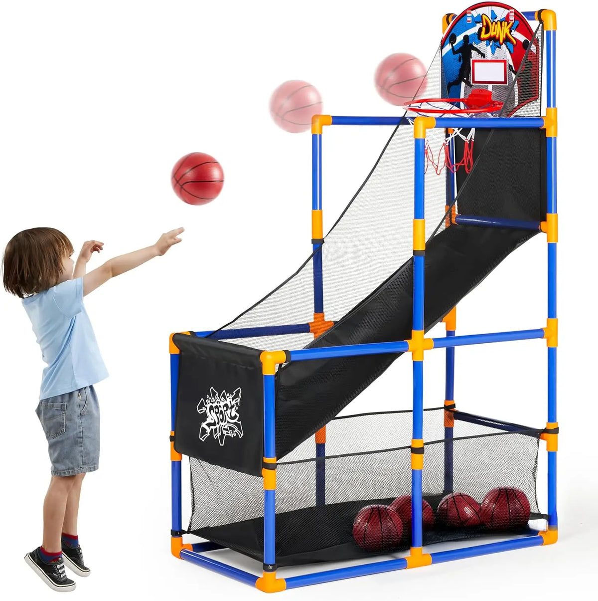 JOYFY kids basketball set with blue frame, hoop, ramp, and 4 balls for indoor outdoor play on Tampa Home & Garden Store