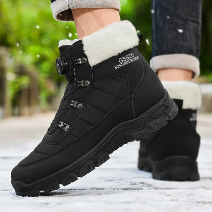 Mens Winter Snow Boots GSSZO, black with white faux fur collar, rugged lug outsole on Tampa Home & Garden Store