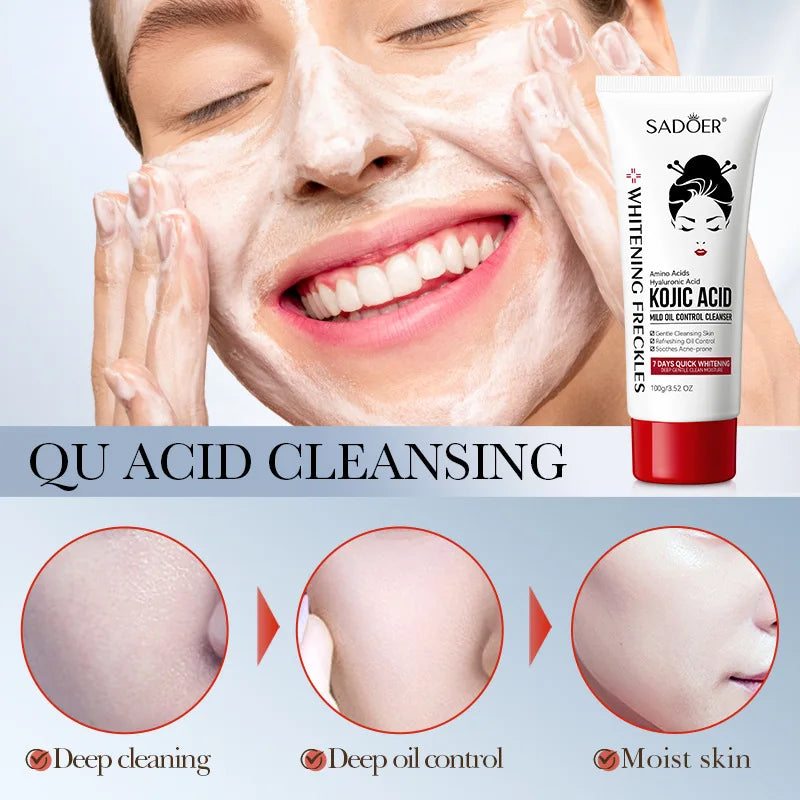Kojic Acid Facial Cleanser tube by SADOER, white bottle with red cap, Silcy Skin brand on Tampa Home & Garden Store