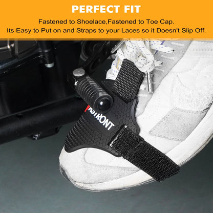 Motorcycle shift pad protector mounted on white riding boot with black shifter cover on Tampa Home & Garden Store
