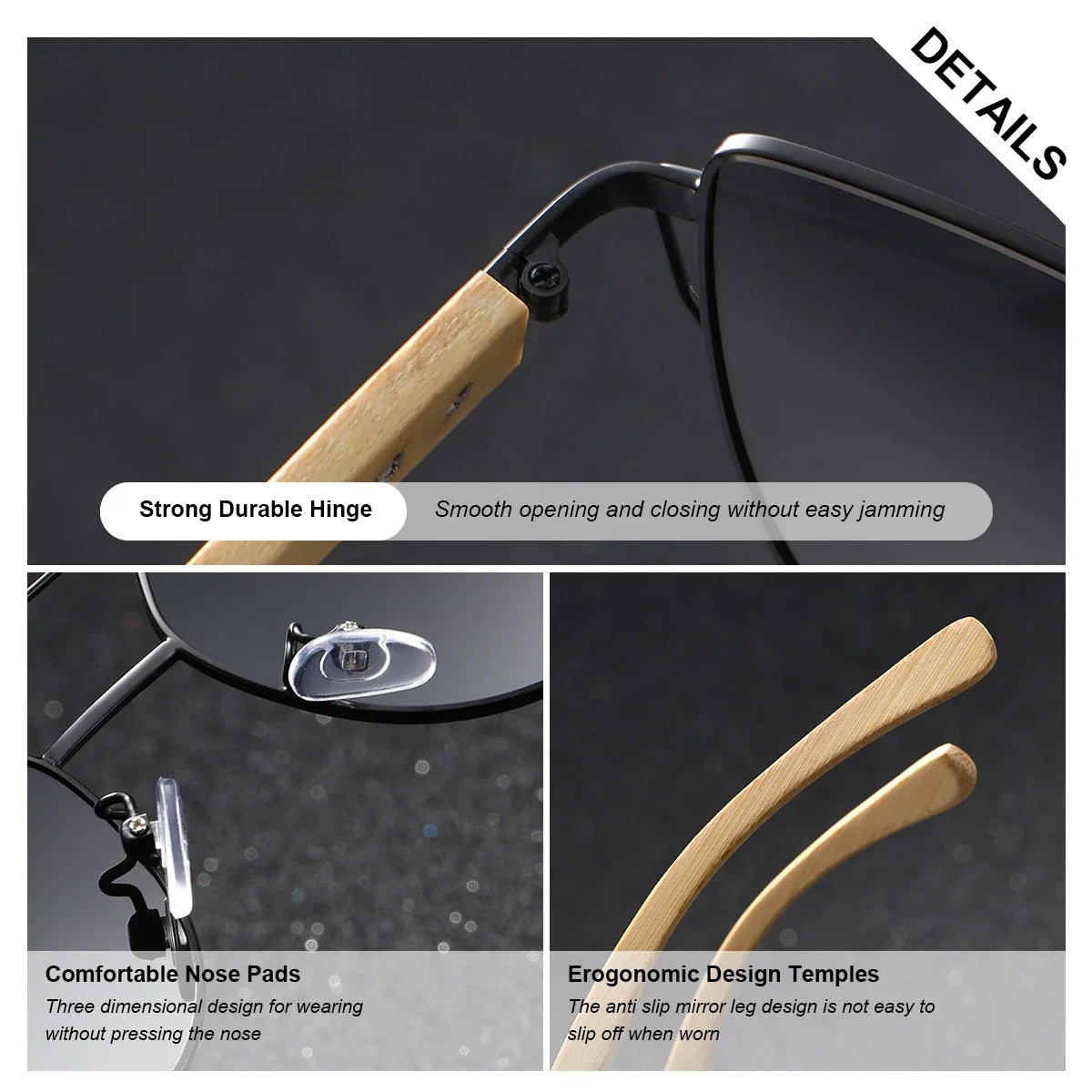 Sunglasses Stevvex BARCUR UV400 polarized cat-eye with bamboo temples and mirrored lenses on Tampa Home & Garden Store