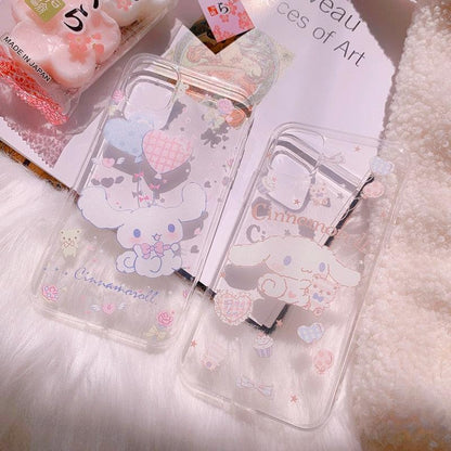 Stevvex clear iPhone case pair featuring Cinnamoroll dog with pastel hearts and clouds on Tampa Home & Garden Store