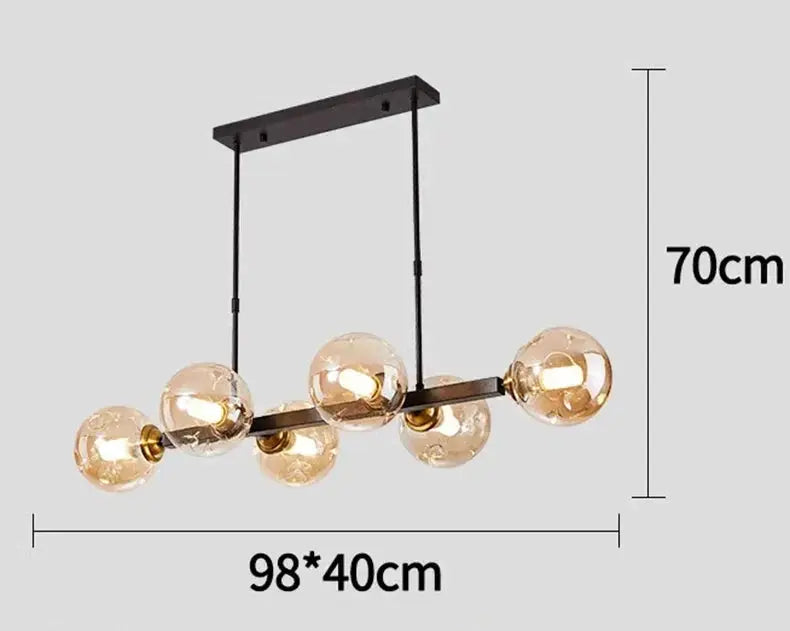 DecorBites LED pendant chandelier with five glass globe bulbs on dark metal bar mount glow on Tampa Home & Garden Store
