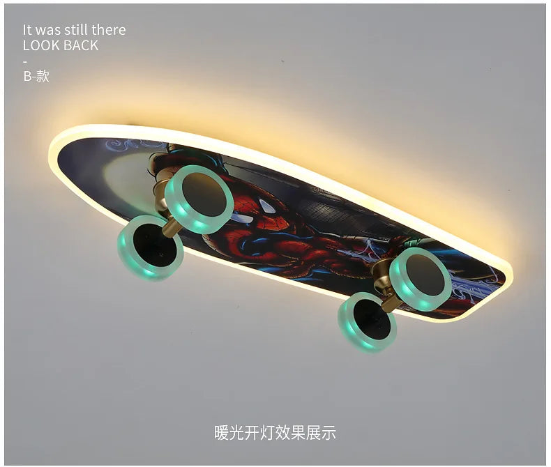 Decorbites Kids Skateboard LED Ceiling Light with teal glowing wheels and colorful deck art on Tampa Home & Garden Store