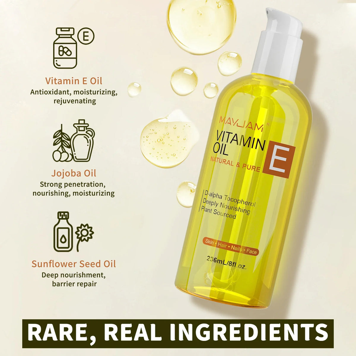MAYJAM Vitamin E Oil bottle, yellow oil in a white pump, 236ml Silcy Skin on Tampa Home & Garden Store