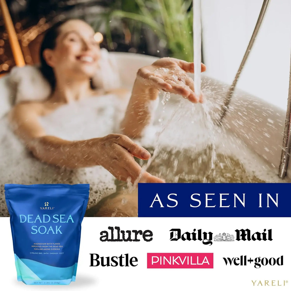 Silcy Skin magnesium flakes Dead Sea bath & foot soak 15lb blue bag beside a relaxing tub on Tampa Home & Garden Store