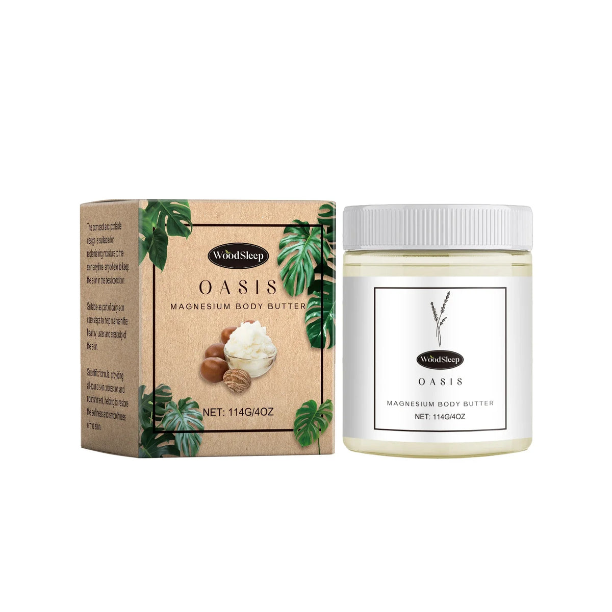 WoodSleep Oasis magnesium body butter jar beside kraft box with tropical leaves on Tampa Home & Garden Store