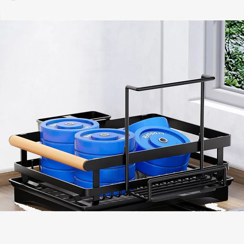 DecorBites Kitchen Sink Organizer dish drying rack black metal holds blue pots and sponge holder on Tampa Home & Garden Store
