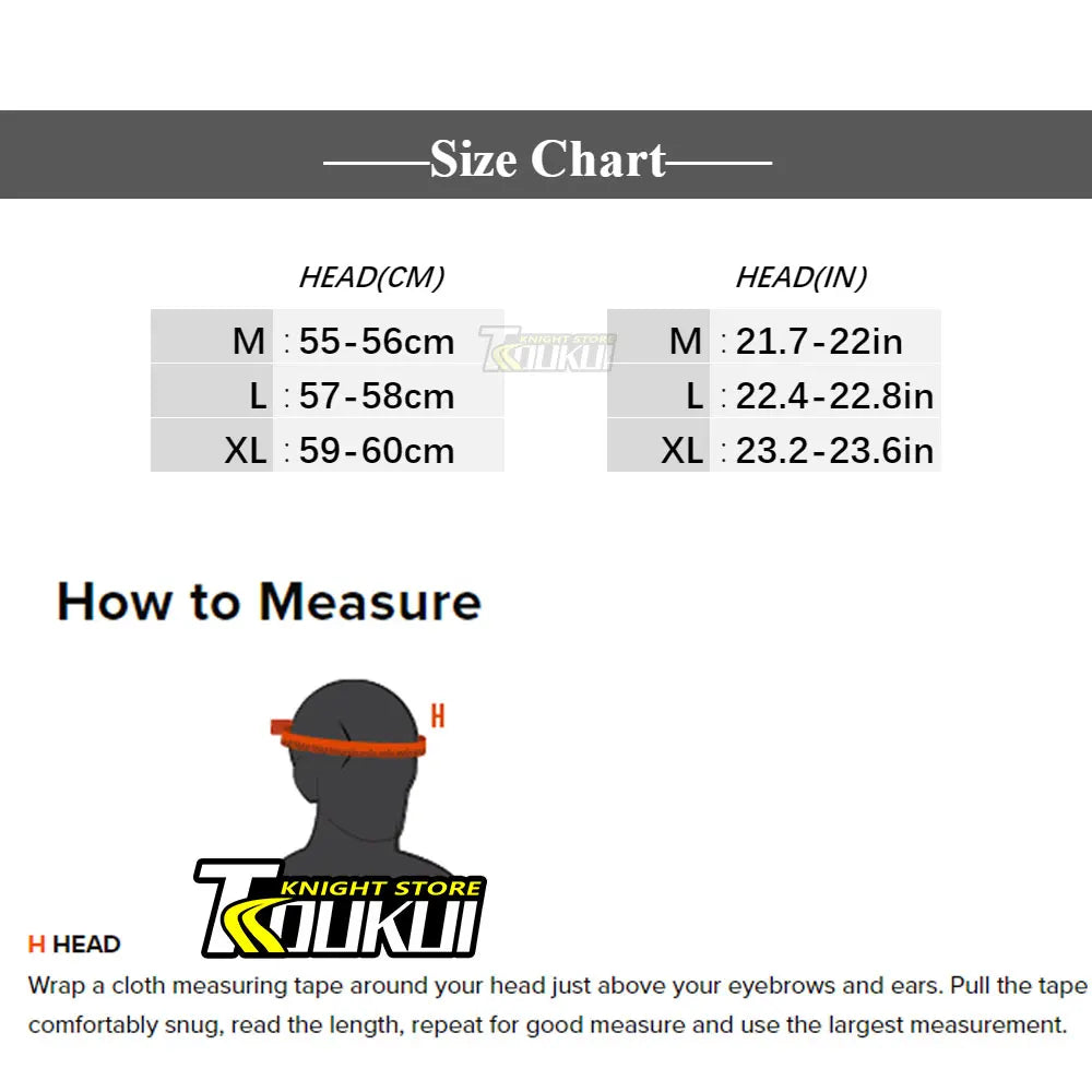 DOT Half Helmet size chart with cm and inch ranges and how-to-measure diagram by BikerZoneZ on Tampa Home & Garden Store