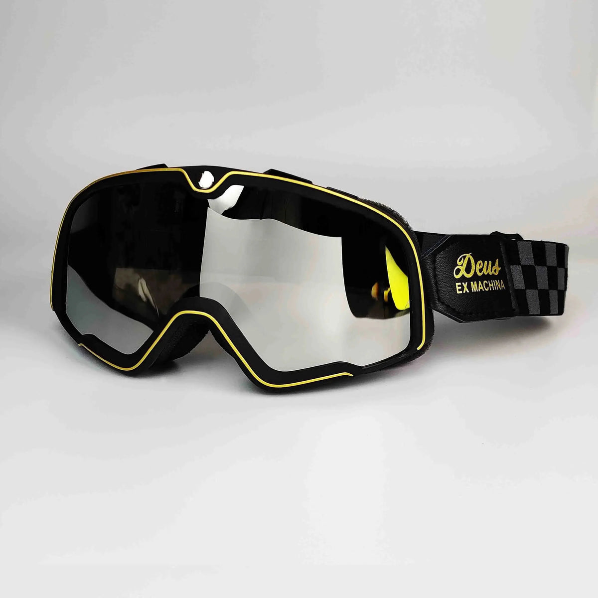 Retro Goggles Motocross by BikerZoneZ with black frame neon yellow trim mirrored lens on Tampa Home & Garden Store