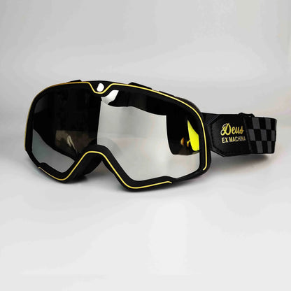 Retro Goggles Motocross by BikerZoneZ with black frame neon yellow trim mirrored lens on Tampa Home & Garden Store