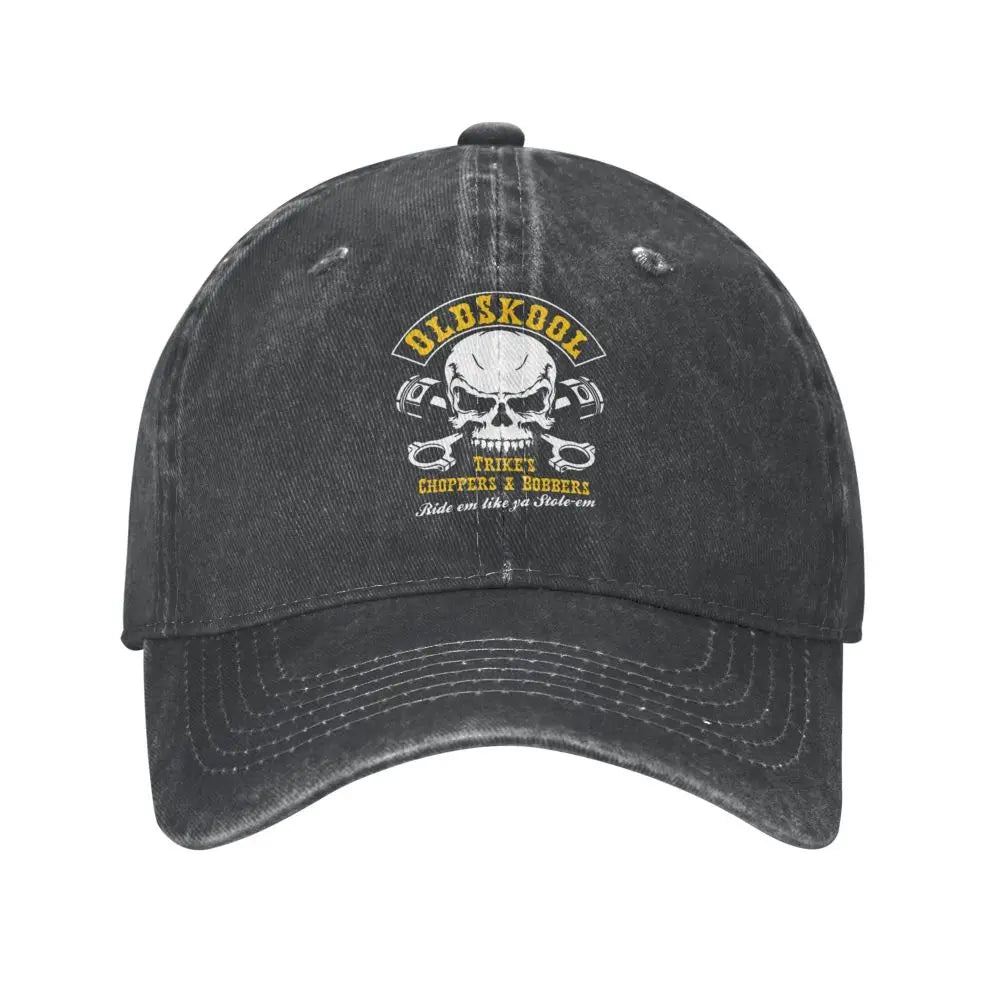 Vintage BSA Chopper baseball cap by BikerZoneZ, distressed black cotton with skull emblem on Tampa Home & Garden Store