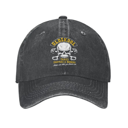 Vintage BSA Chopper baseball cap by BikerZoneZ, distressed black cotton with skull emblem on Tampa Home & Garden Store