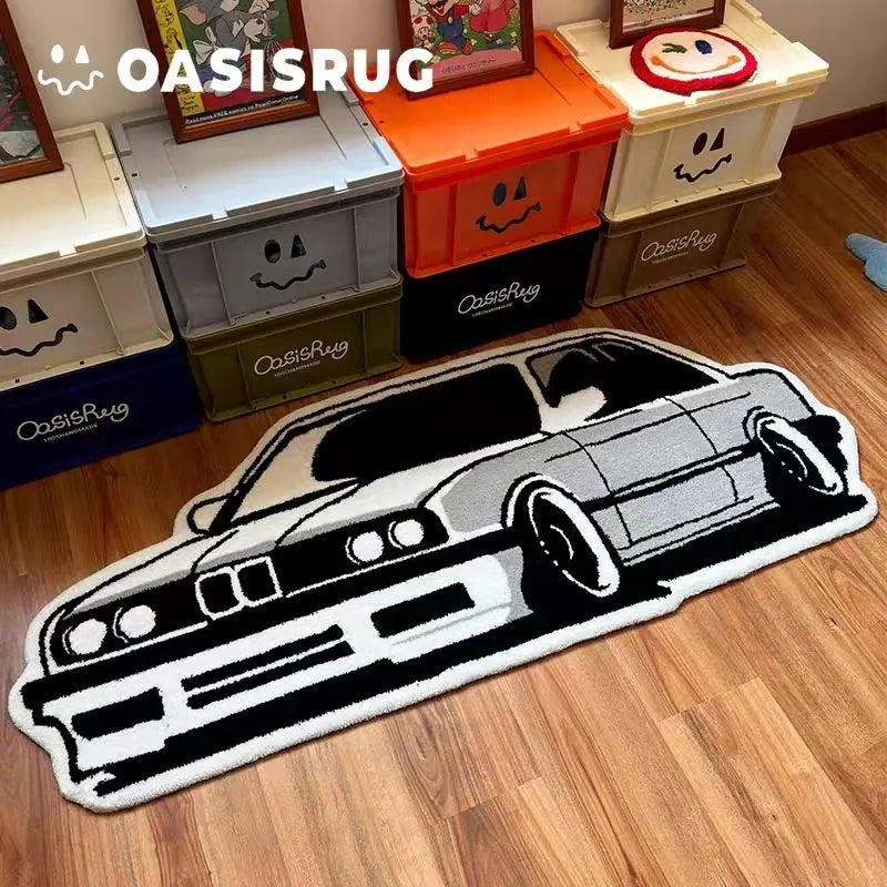 Car-shaped black and white plush rug for living room decor, Perfecsy VIKAMA non-slip mat on Tampa Home & Garden Store