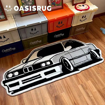 Car-shaped black and white plush rug for living room decor, Perfecsy VIKAMA non-slip mat on Tampa Home & Garden Store