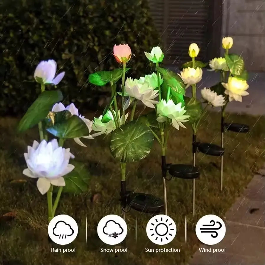 Perfecsy 1PC Solar LED 3-Head Lotus Garden Light on garden stakes with lotus petals on Tampa Home & Garden Store