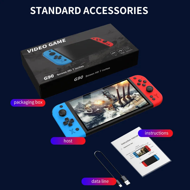 G90 handheld game console with blue left and red right controllers, 7-inch display, 64GB storage on Tampa Home & Garden Store