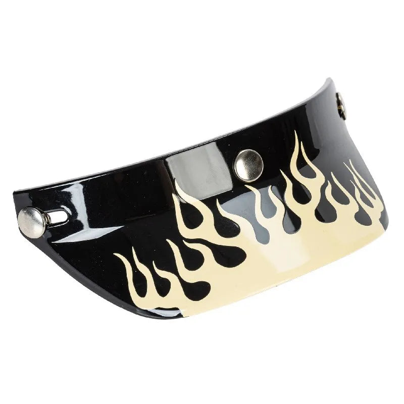 Fire Helmet Visor by BikerZoneZ, black with beige flame graphic, curved poly visor on Tampa Home & Garden Store