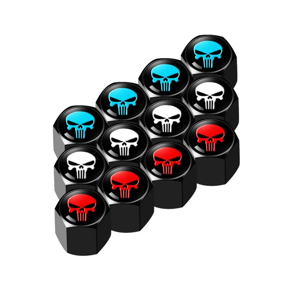 Anti-Theft Skull Valve Caps set, 12-pack, black with blue/white/red skull icons, by BikerZoneZ on Tampa Home & Garden Store
