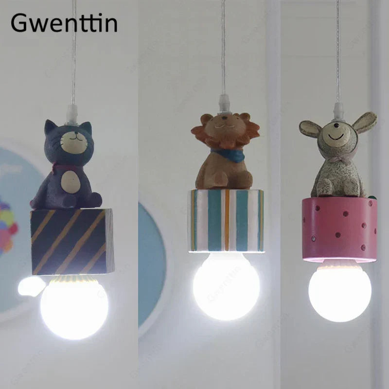 DecorBites Kids Animal Pendant Lamp trio: blue cat, brown lion, gray rabbit LED ceiling lights on Tampa Home & Garden Store