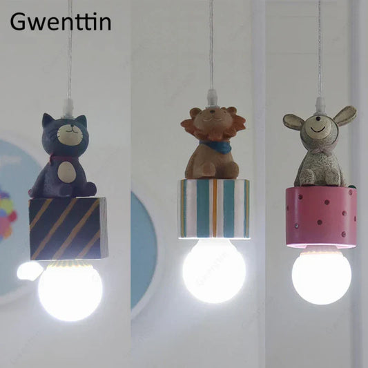 DecorBites Kids Animal Pendant Lamp trio: blue cat, brown lion, gray rabbit LED ceiling lights on Tampa Home & Garden Store