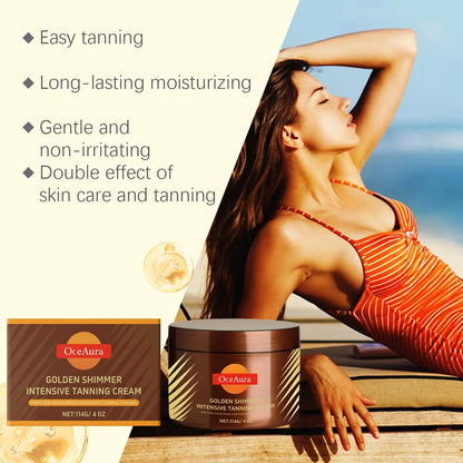 OceAura Golden Shimmer Intensive Tanning Cream two jars on a beach with a model in orange bikini on Tampa Home & Garden Store