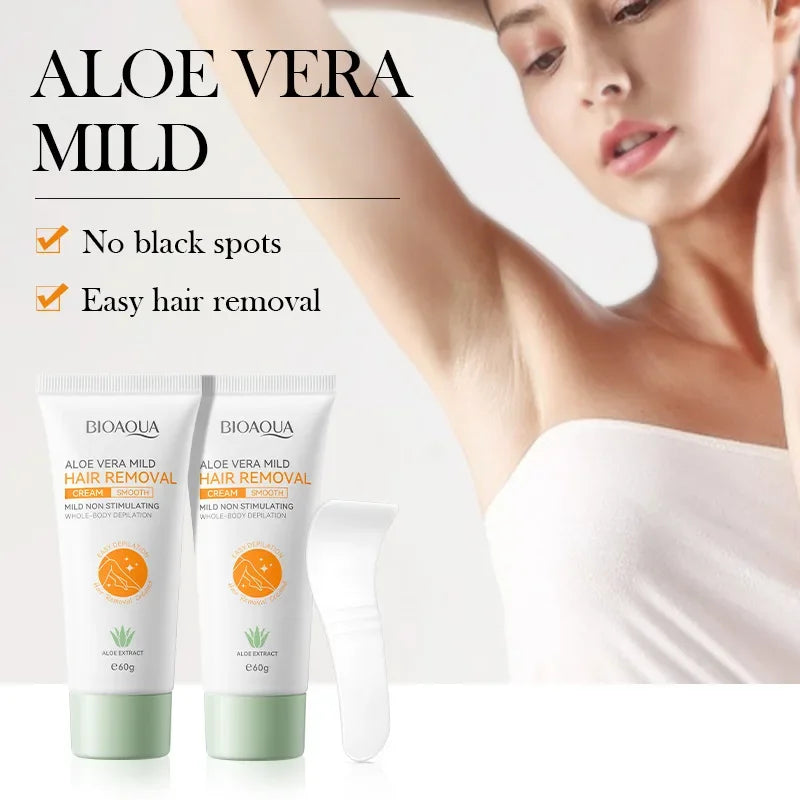 BIOAQUA Aloe Vera Mild Hair Removal cream with 2 tubes and spatula for underarms and body on Tampa Home & Garden Store