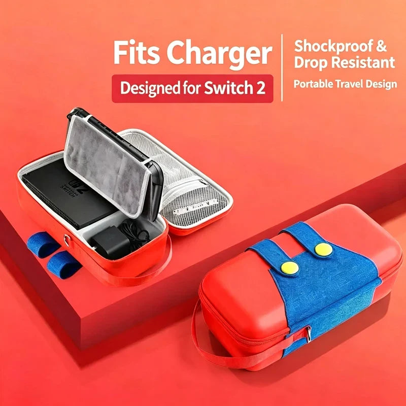 Hard shell case for Nintendo Switch 2, red with blue strap, inner storage and card slots on Tampa Home & Garden Store