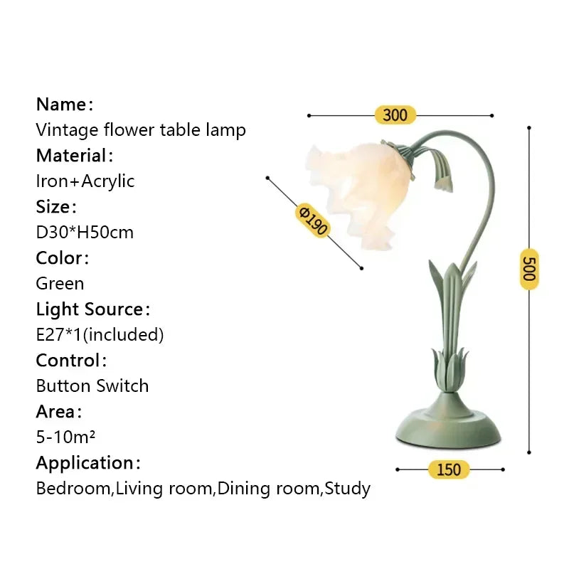 Perfecsy vintage flower desk lamp with cream glass bloom shade and green iron stem on Tampa Home & Garden Store