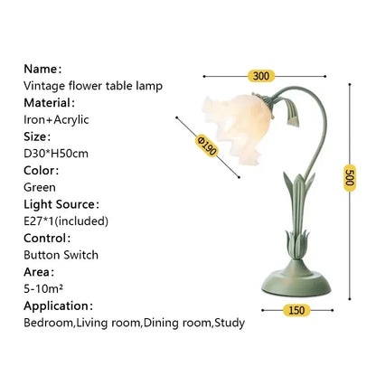 Perfecsy vintage flower desk lamp with cream glass bloom shade and green iron stem on Tampa Home & Garden Store