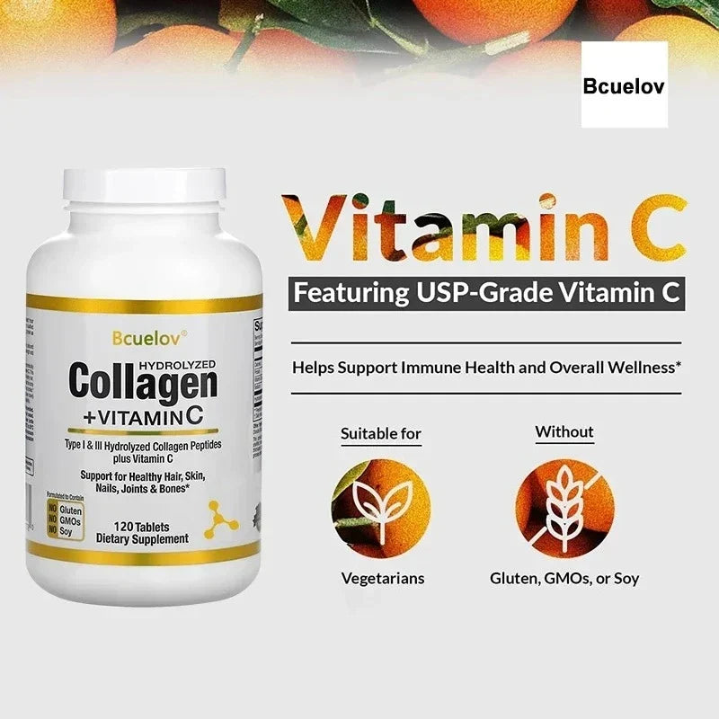 Collagen peptides + Vitamin C supplement bottle by Silcy Skin, white bottle with yellow label on Tampa Home & Garden Store