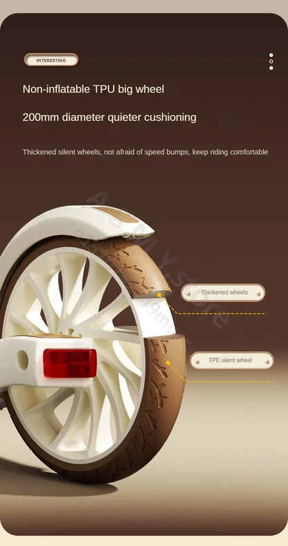 Foldable kick scooter wheel close-up: white alloy rim, 200mm brown TPU tire, UpTrend Deals on Tampa Home & Garden Store