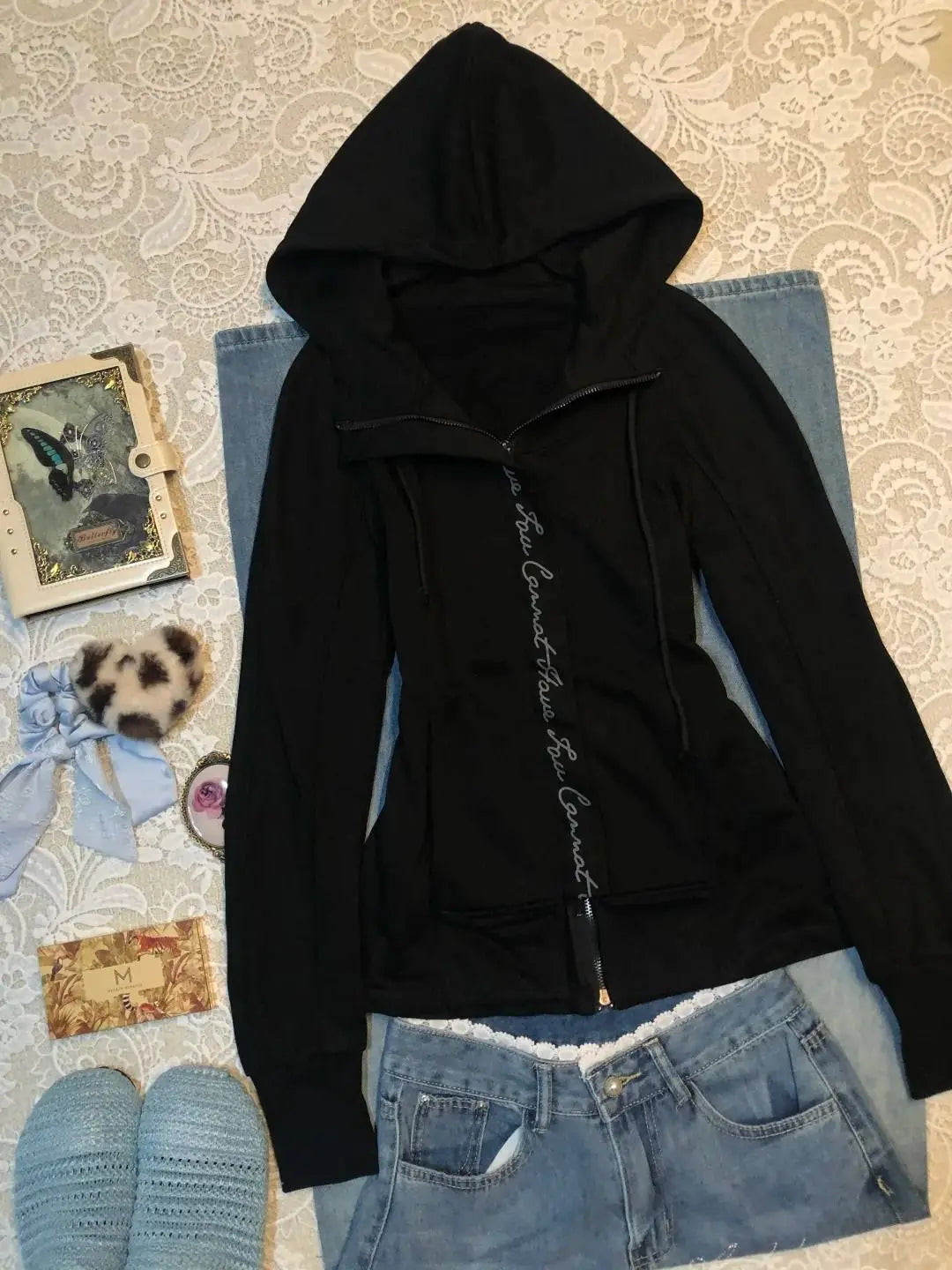 Harajuku hooded zip-up hoodie black Y2K goth punk winter jacket UpTrend Deals on Tampa Home & Garden Store