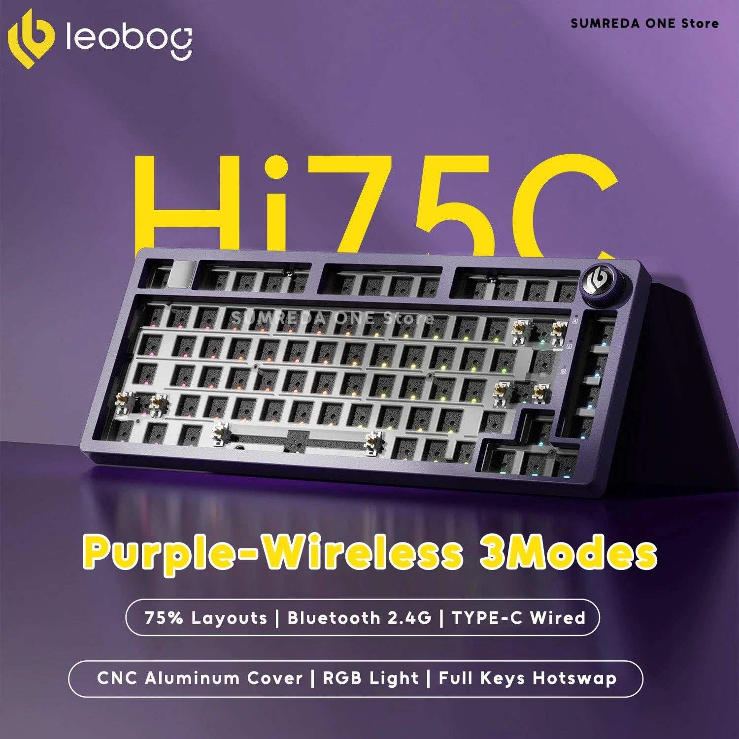 Leobog Hi75C aluminum wireless mechanical keyboard kit with purple chassis and RGB on Tampa Home & Garden Store