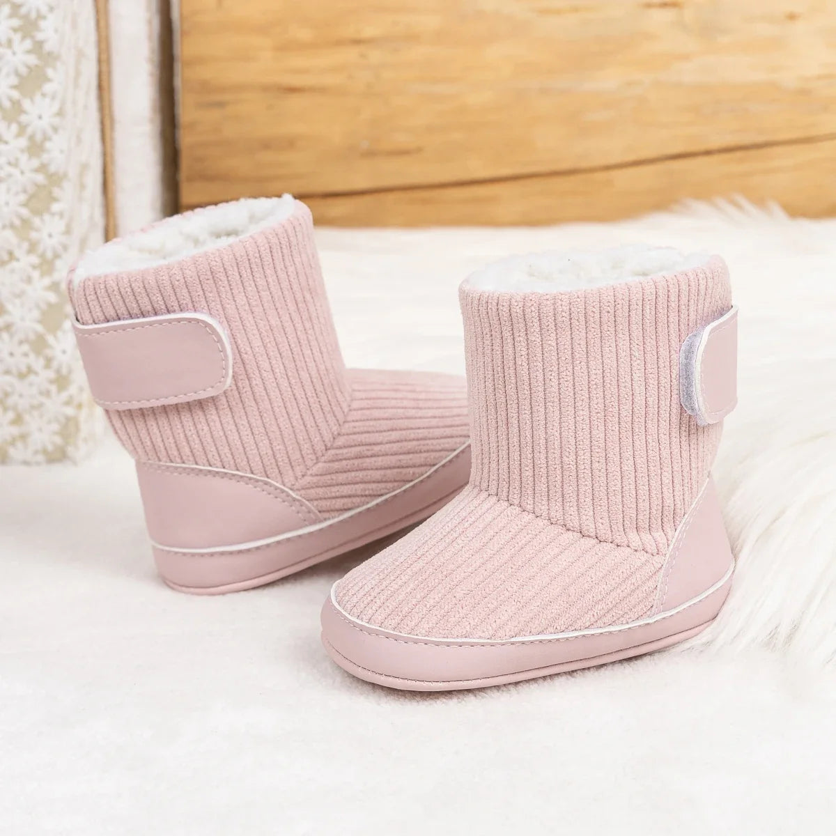 Newborn pink corduroy booties with soft fleece lining, Velcro strap UpTrend Deals on Tampa Home & Garden Store
