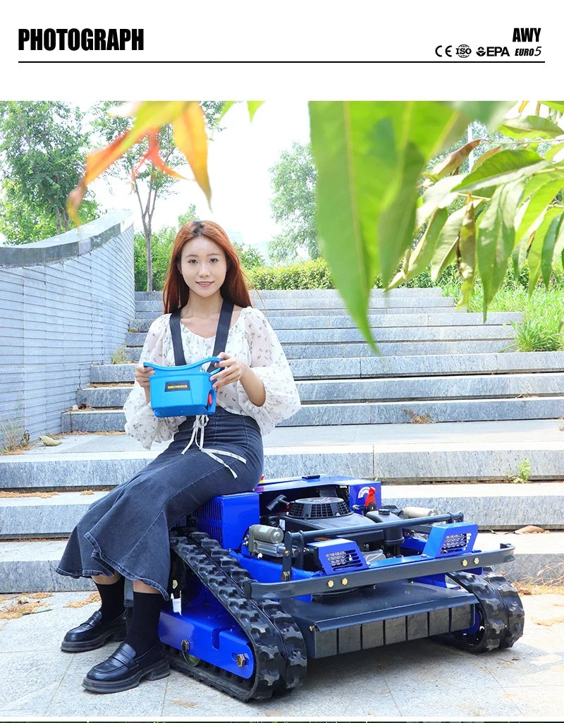 Blue self-propelled remote-control lawn mower 550mm tracks by UpTrend Deals for small garden on Tampa Home & Garden Store