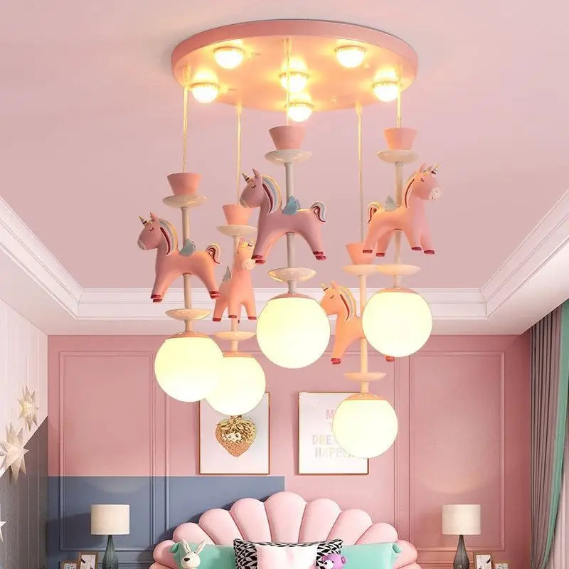 DecorBites Kids Dream Carousel Chandelier unicorn pendant light with bulbs in a bedroom on Tampa Home & Garden Store