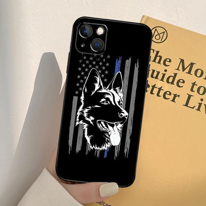Stevvex German Shepherd iPhone case, black back cover with white dog illustration over flag on Tampa Home & Garden Store