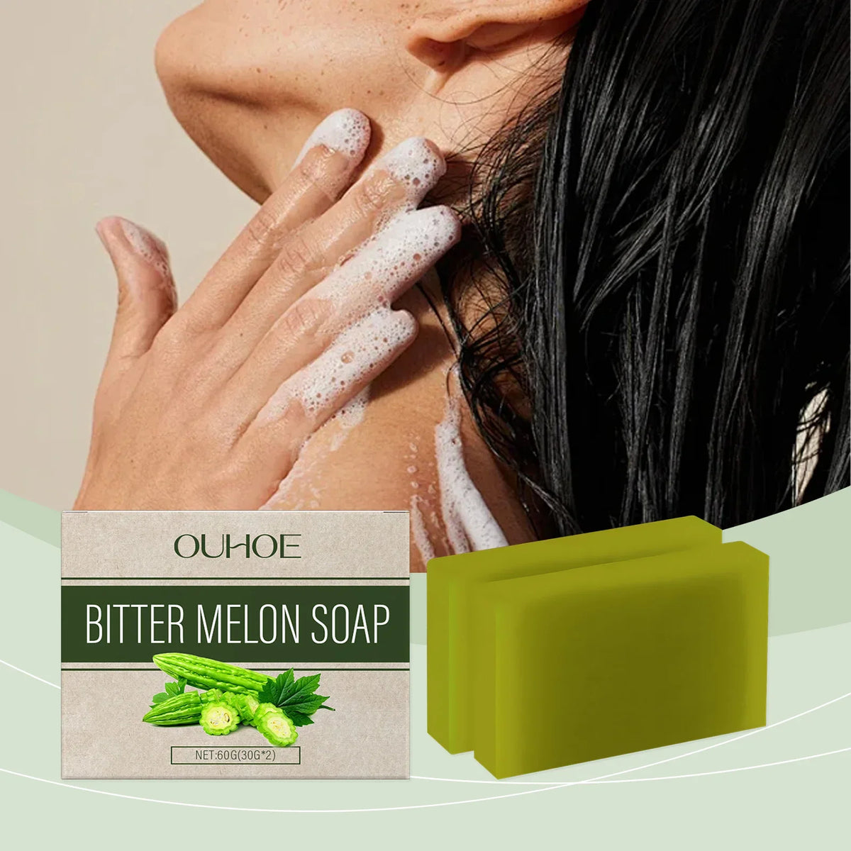 OUHOE Bitter Melon Soap bar by Silcy Skin, foamy lather cleanser with green packaging on Tampa Home & Garden Store