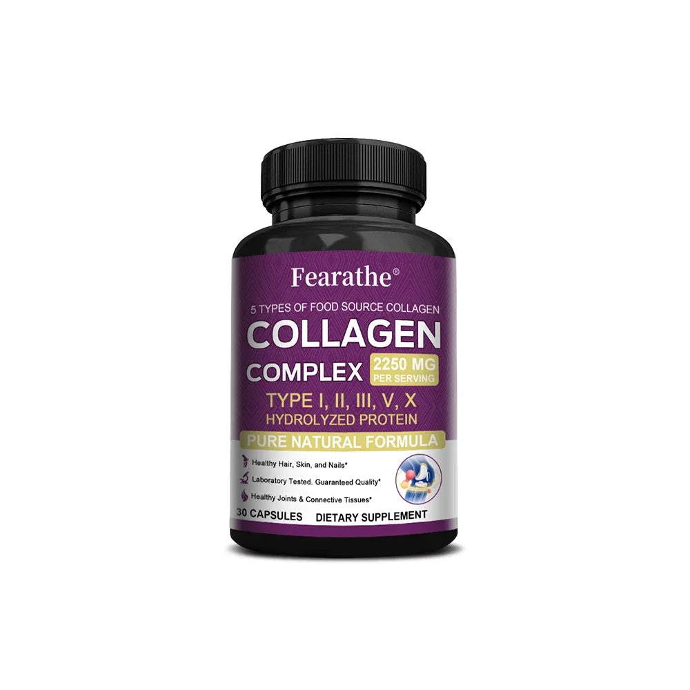 Collagen Complex dietary supplement bottle with purple label by Fearathe, 30 capsules on Tampa Home & Garden Store