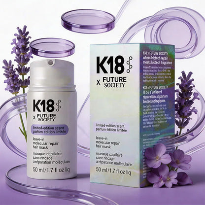 K18 x Future Society leave-in molecular repair hair mask bottle with lavender box purple theme on Tampa Home & Garden Store