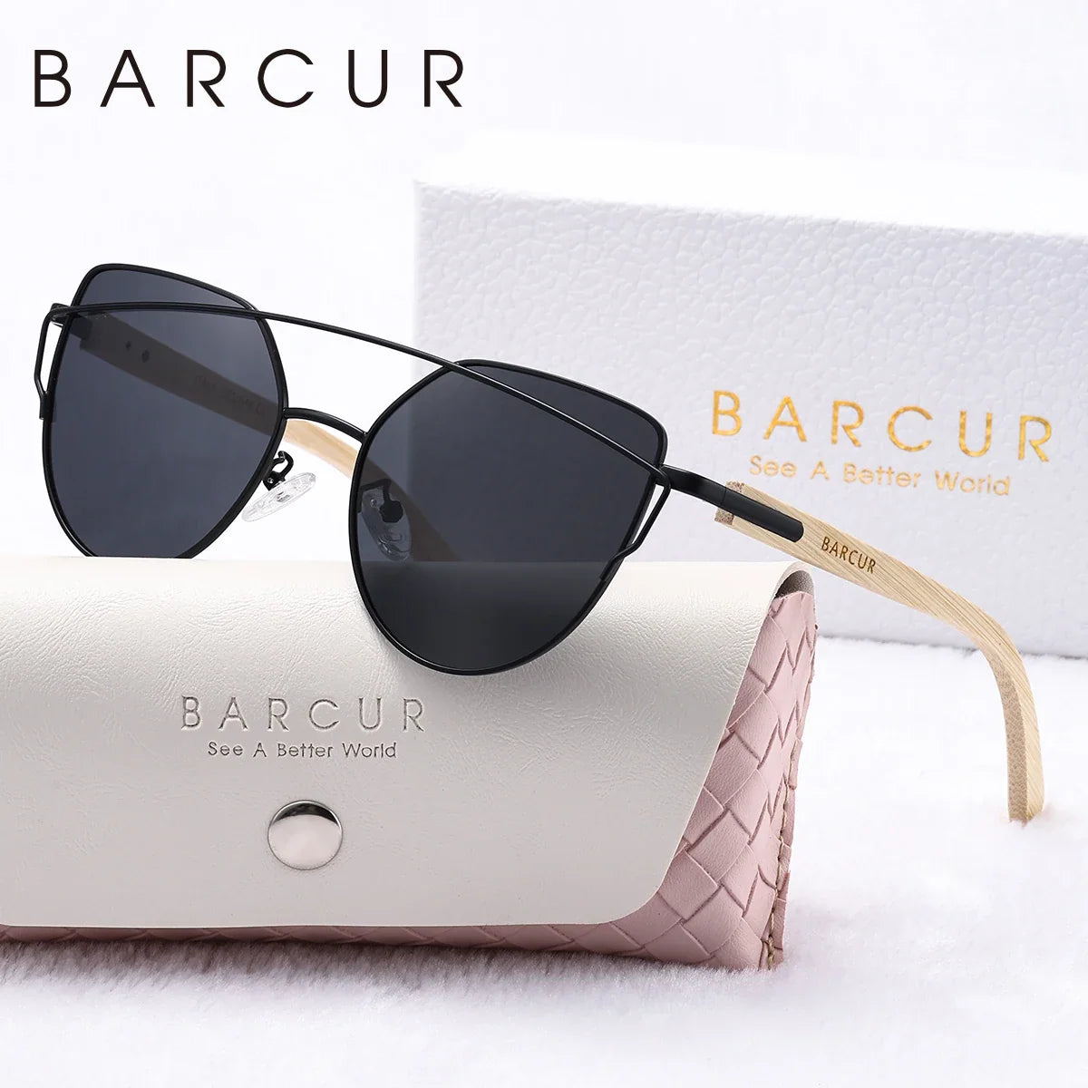 BARCUR sunglasses cat-eye with bamboo arms and mirrored UV400 lenses in white gift box on Tampa Home & Garden Store
