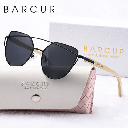BARCUR sunglasses cat-eye with bamboo arms and mirrored UV400 lenses in white gift box on Tampa Home & Garden Store