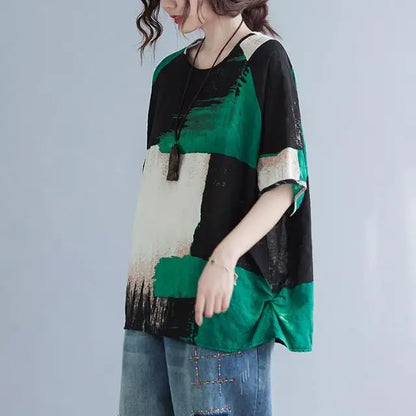 Women Summer T-shirt UpTrend Deals retro cotton-linen top with green black beige blocks on Tampa Home & Garden Store