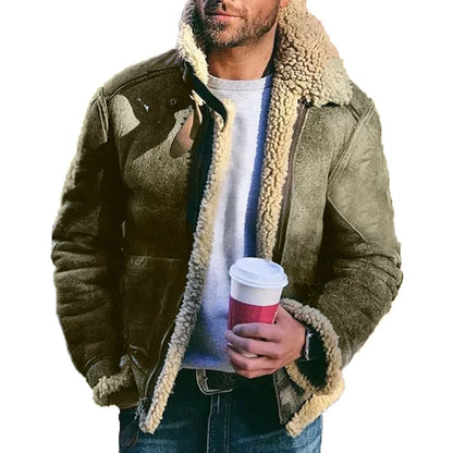 Mens Winter Jacket – Warm biker coat, olive faux suede with beige shearling trim, stand collar on Tampa Home & Garden Store