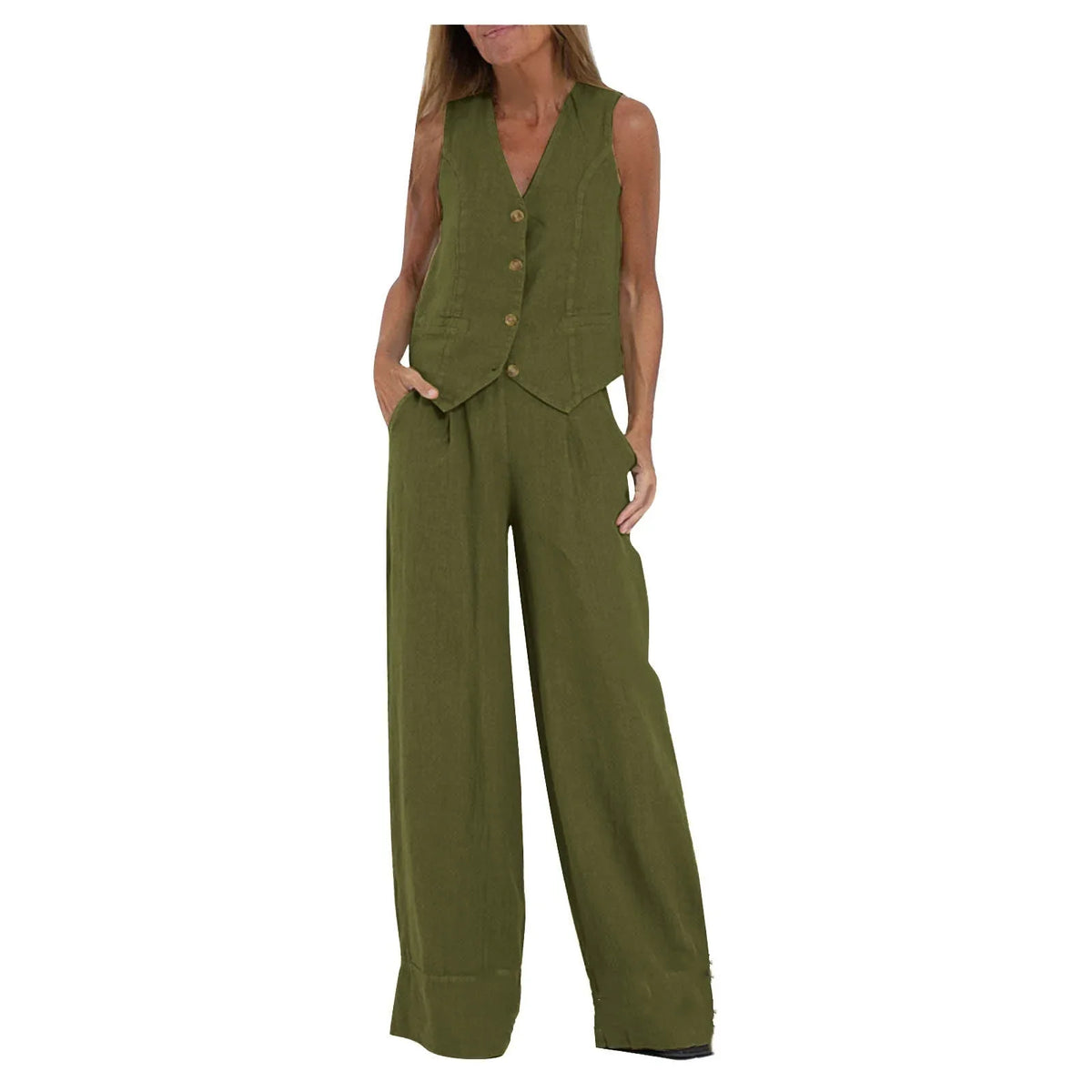 Women's sleeveless olive vest with button closures and matching wide-leg pants set UpTrend Deals on Tampa Home & Garden Store
